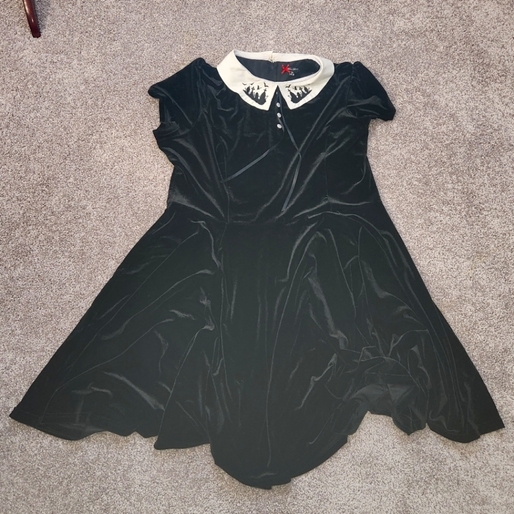 Hell Bunny Black Velvet Dress with Embroidered Graveyard Collar